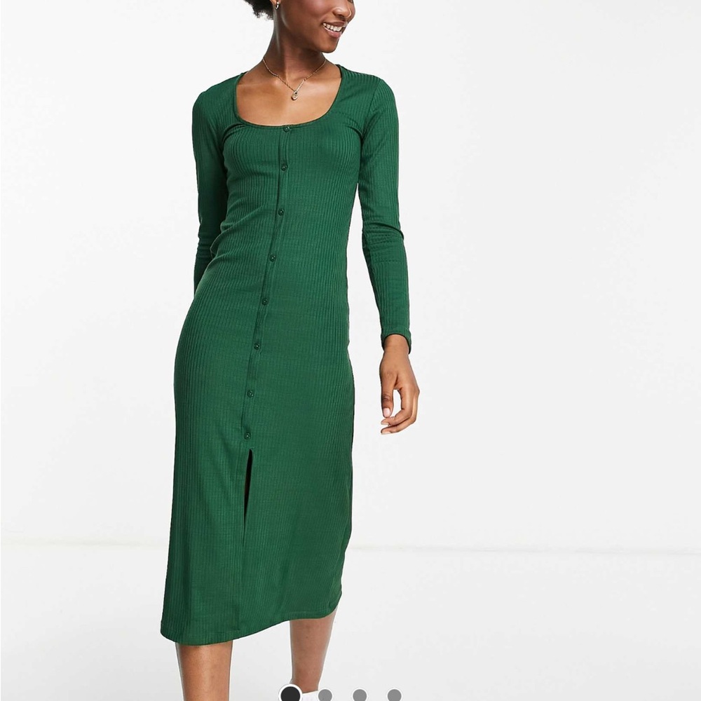 Stradivarius Green Ribbed Long Sleeve Dress